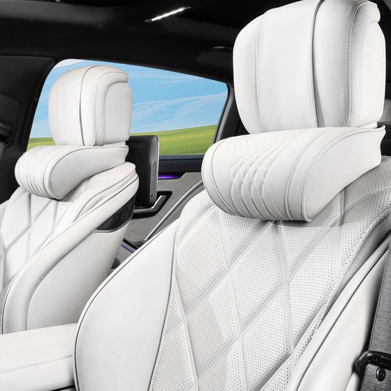 Dapucarin Car Headrest Memory Foam Neck Pillow for Driving with Leather Cover Soft Comfortable Seat Head Pillow Cushion for Most Cars SUV Sedan Home Office Off-White (Beige) (2PC) - Image 1