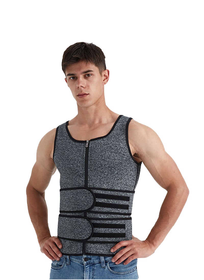 Ocean Men's gray waist training vest, zippered vest, slim fit sportswear, zippered short sleeved slim fit vest, double sweatband, slim fit sportswear, grey 1 piece,( XL)  - Image 2