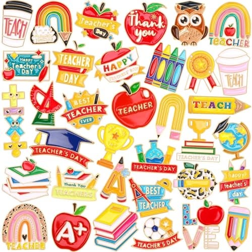 DTOFOOT 36 PCS Teacher Enamel Brooch for Hats Teacher Appreciation Label Badges Last Day of School DIY Brooch Pins for Teacher Student Clothes Bags Backpack Back to School Jewelry Decoration - Image 1