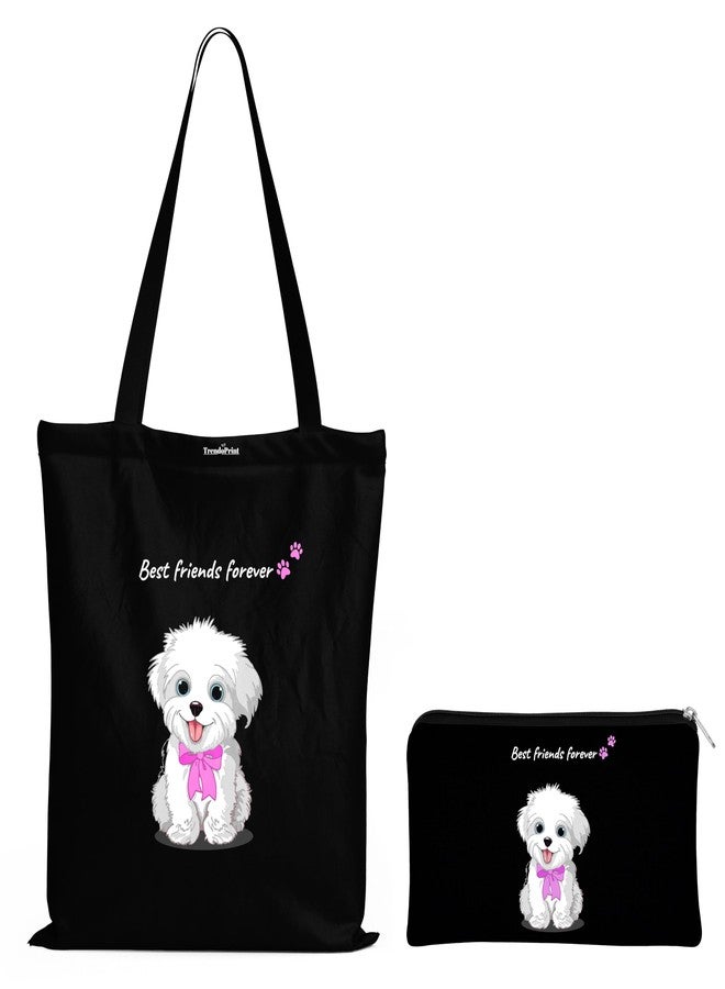 TrendoPrint حقيبة تسوق سوداء مطبوعة صديقة للبيئة من تريندوبرينت، مقاس 14 × 16 بوصة، مع حقيبة مكياج، مناسبة للجامعة والتسوق والسفر (TB21) - Image 1