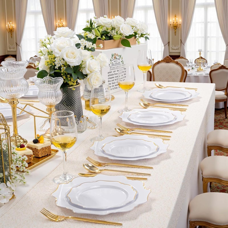 WDF 200PCS White and Gold Plastic Plates - Gold Plastic Plates - Include 100 Dinner & 100 Dessert Disposable Party Plate - Fancy Disposable Plate for Wedding Baby Shower Spring - Image 2