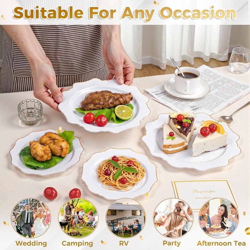 WDF 200PCS White and Gold Plastic Plates - Gold Plastic Plates - Include 100 Dinner & 100 Dessert Disposable Party Plate - Fancy Disposable Plate for Wedding Baby Shower Spring - Image 5