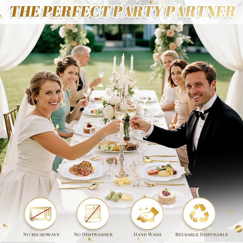 WDF 200PCS White and Gold Plastic Plates - Gold Plastic Plates - Include 100 Dinner & 100 Dessert Disposable Party Plate - Fancy Disposable Plate for Wedding Baby Shower Spring - Image 3