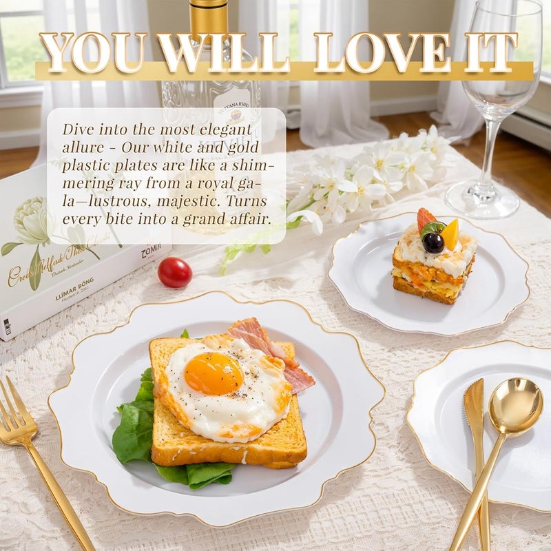 WDF 200PCS White and Gold Plastic Plates - Gold Plastic Plates - Include 100 Dinner & 100 Dessert Disposable Party Plate - Fancy Disposable Plate for Wedding Baby Shower Spring - Image 4