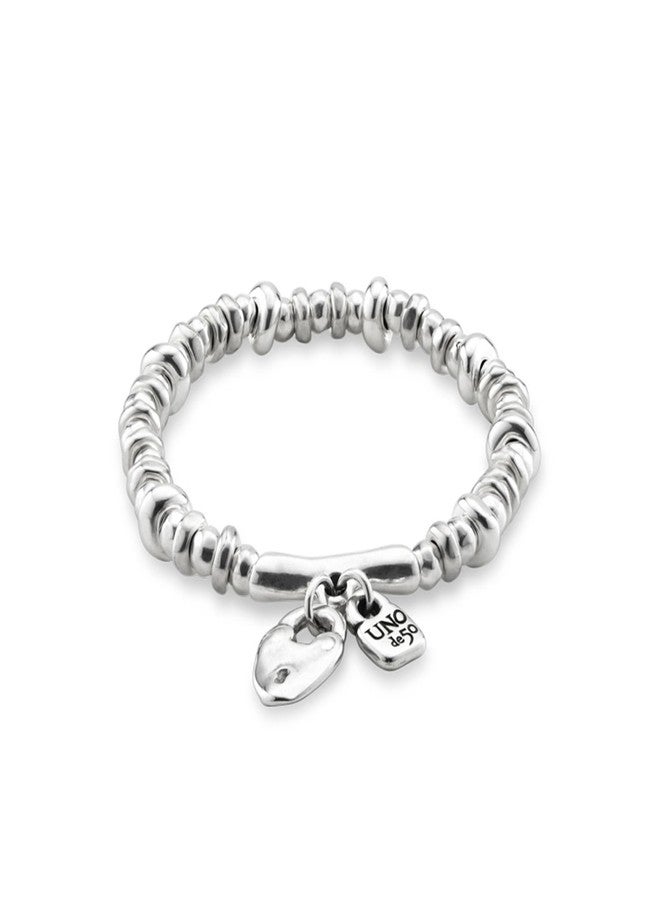 Uno de 50 HEART PADLOCK Elastic Bracelet, Sterling Silver-Plated, Handcrafted in Spain - Image 1