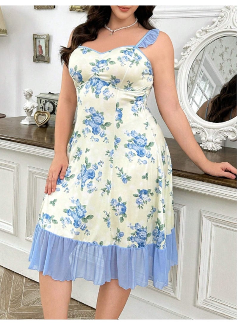 MANIKAN Women's Lingerie Floral Nightgown with Rose Print Ruffle Hem - Image 1