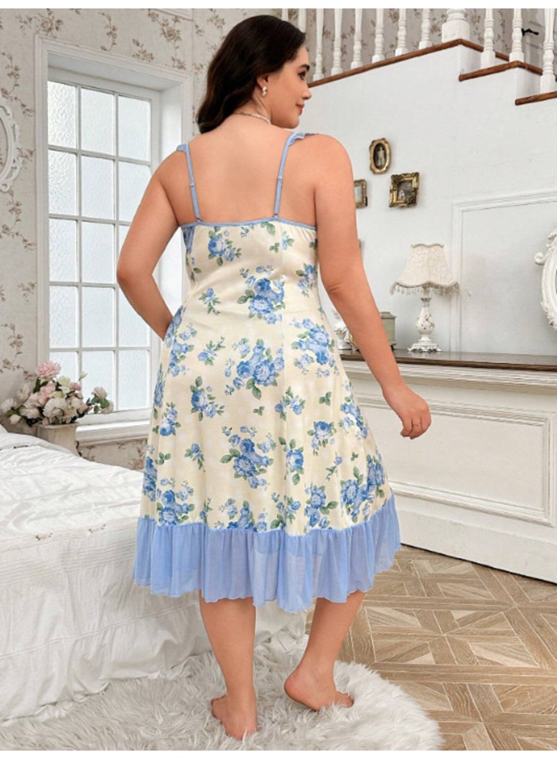 MANIKAN Women's Lingerie Floral Nightgown with Rose Print Ruffle Hem - Image 2