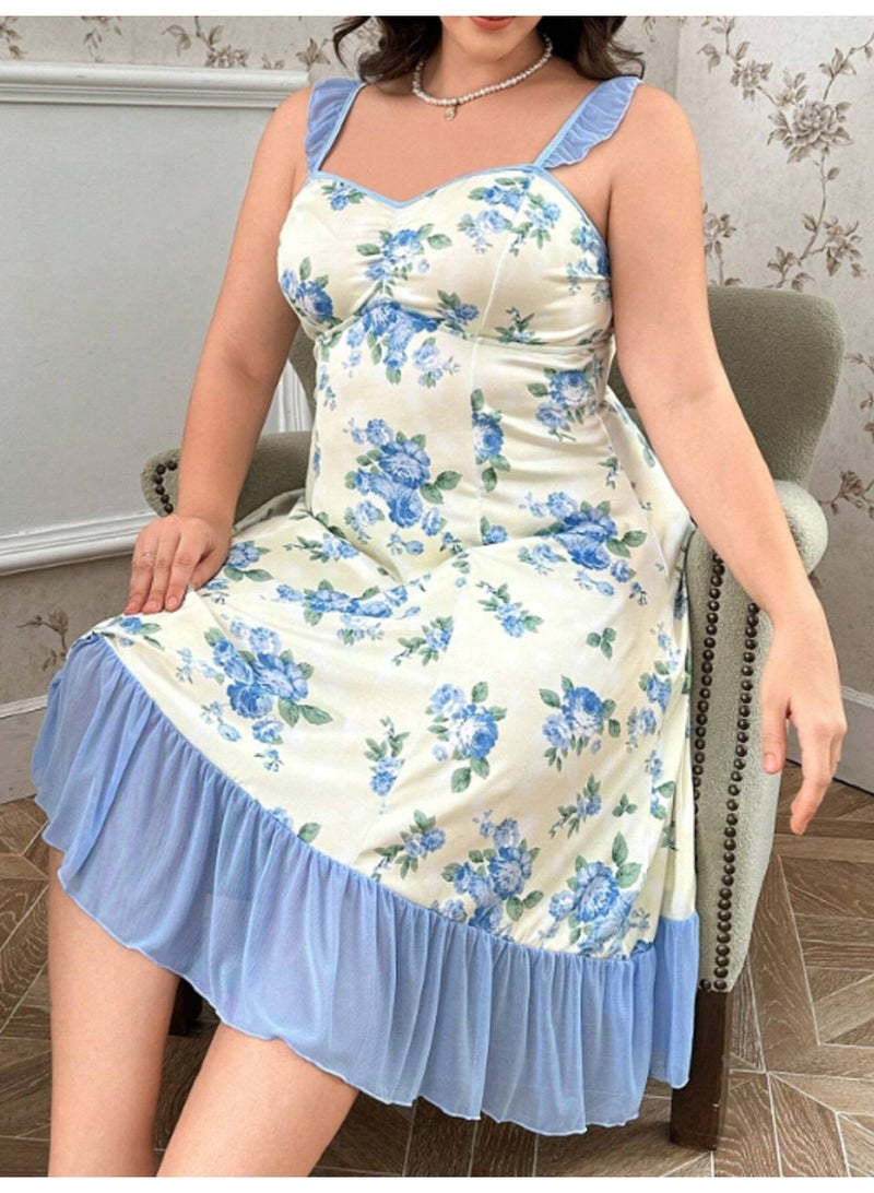 MANIKAN Women's Lingerie Floral Nightgown with Rose Print Ruffle Hem - Image 3