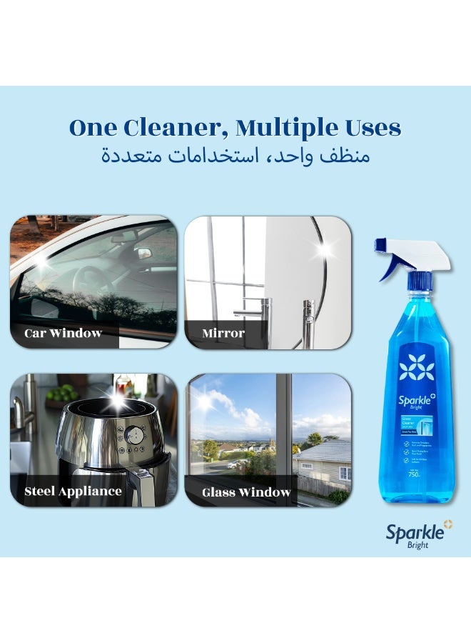 Sparkle Bright Glass Cleaner Spray-750ml, 4-in-1 Formula for Glass, Mirrors Windows etc, Removes 99% Smudges & Grease in 10 Secs, Dust & Fingerprint Free, Streak-Free Shine for 12H, Dries 2X Faster, No Rinse - Image 2