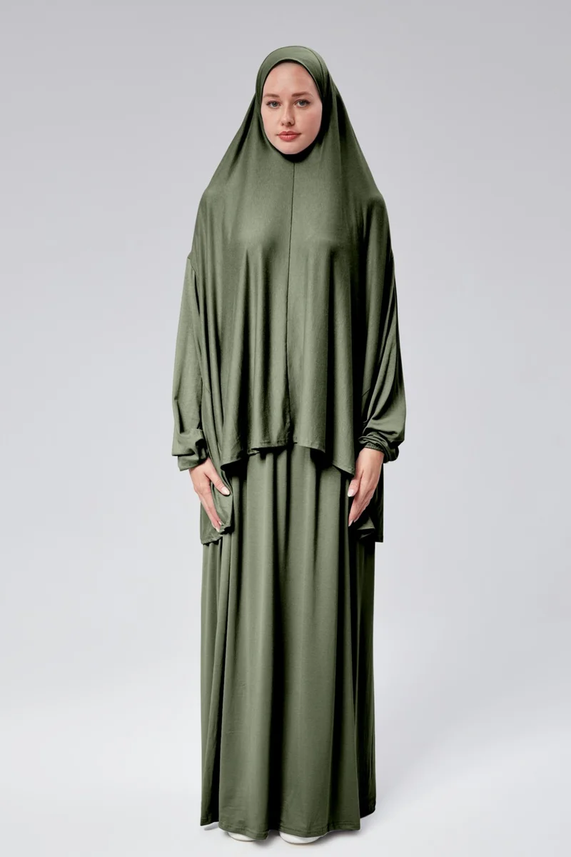 Sonbahar Moda Autumn Fashion Women Two Piece Prayer Dress Headscarf Organic Cotton Elastic Sleeve Non-Slip Combed Cotton Skirt Hijab