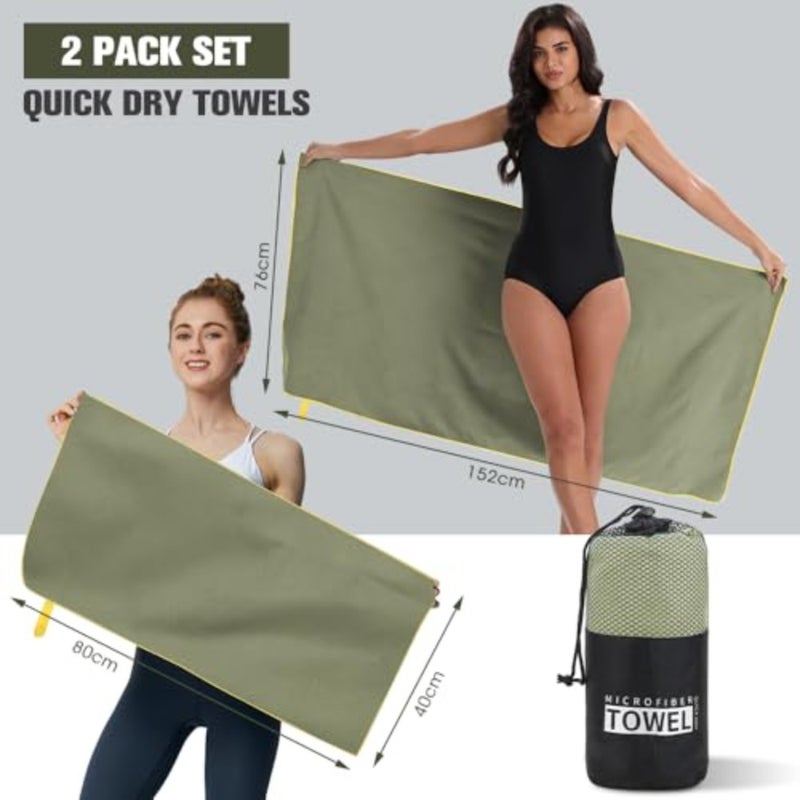 2 Pack Quick Dry Towels 40x80cm and 76x152cm Microfiber Fast Dry Gym Towels for Men Women, Lightweight Sports Towels with Carry Bag for Travel, Swimming, Camping, Beach and Backpacking, Army Green - Image 2