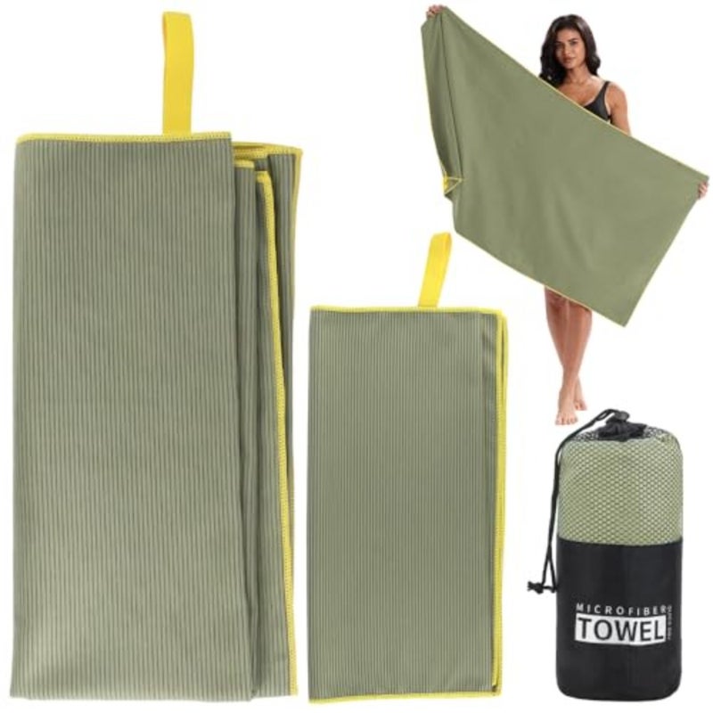 2 Pack Quick Dry Towels 40x80cm and 76x152cm Microfiber Fast Dry Gym Towels for Men Women, Lightweight Sports Towels with Carry Bag for Travel, Swimming, Camping, Beach and Backpacking, Army Green - Image 1