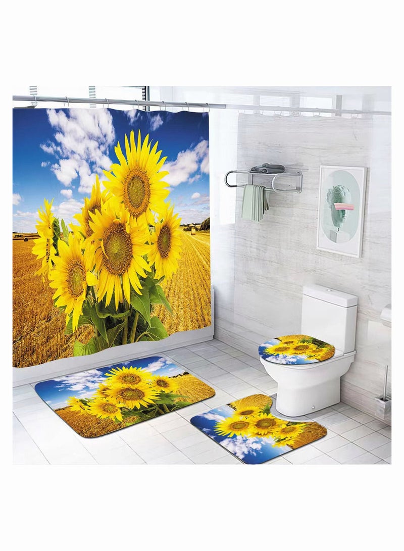 4-Pieces/Set Bathroom Household Supplies,Sunflower Pattern Bathroom Suit,Shower Curtain/Pedestal Rug/Toilet Lid Cover/Bath Mat Decor Set - Image 1