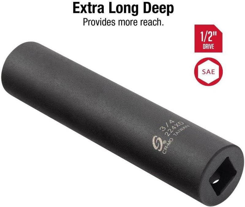 Sunex 224XD 1/2 Inch Drive 3/4 Inch Extra Long Deep Impact Socket - Cr-Mo Alloy Steel with Radius Corner Design - Image 2