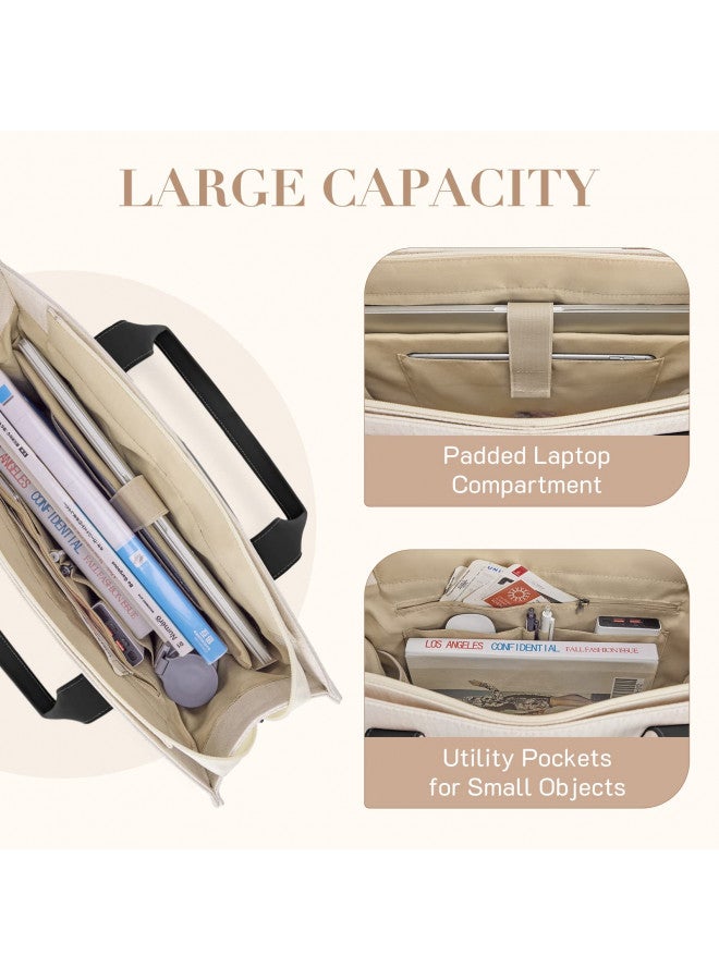 Missnine Tote Bag Canvas Laptop Bag 15.6 inch Briefcase for Women Large Capacity Handbag for Office, College, Travel (Black+Beige) - Image 2