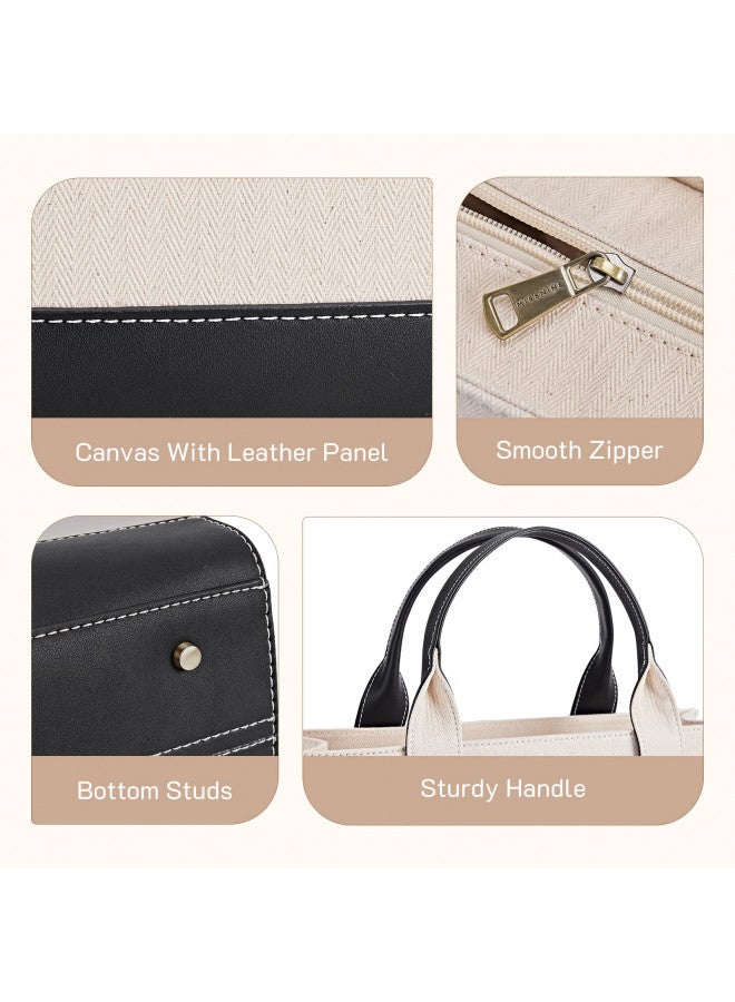 Missnine Tote Bag Canvas Laptop Bag 15.6 inch Briefcase for Women Large Capacity Handbag for Office, College, Travel (Black+Beige) - Image 4