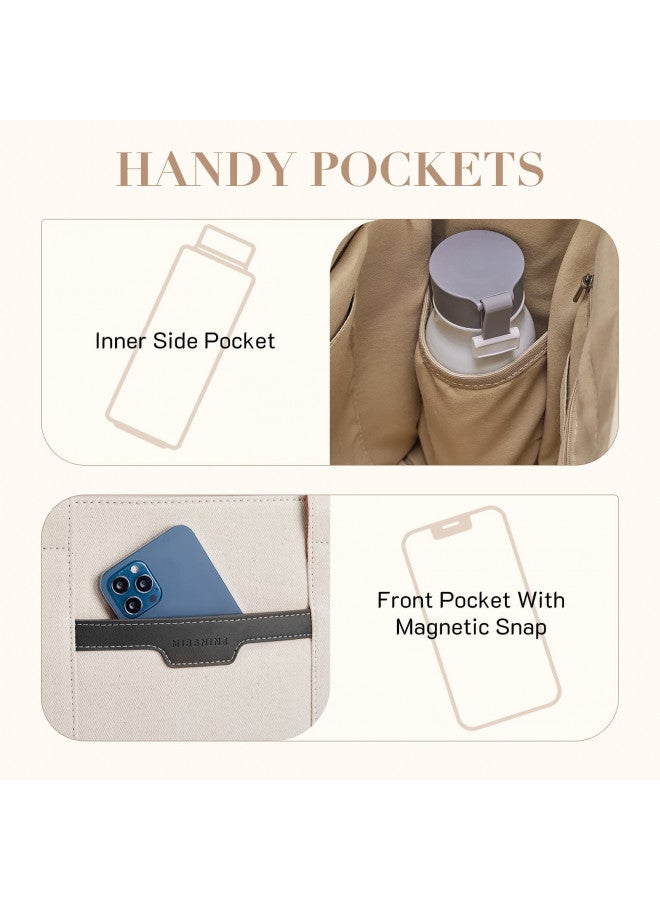 Missnine Tote Bag Canvas Laptop Bag 15.6 inch Briefcase for Women Large Capacity Handbag for Office, College, Travel (Black+Beige) - Image 3