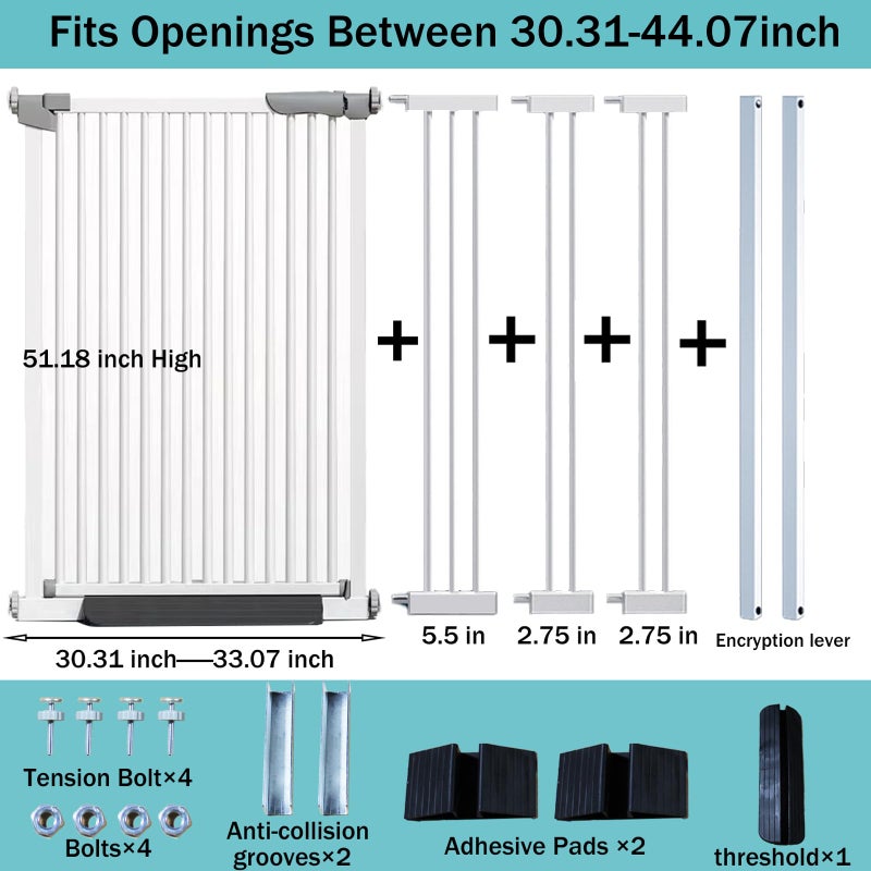 SHYUJAJIE 51.18 Inch Extra Tall Pet Gate, 29.5-43" Adjustable Wide Auto Close Dog Gates, Pressure Mounted Walk Through Tall Cat Gate for Doorways,Hallway,Stairsï¼ˆWhiteï¼‰ - Image 2
