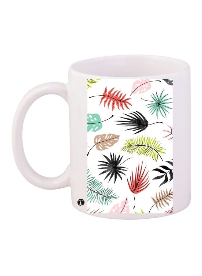 RYN Leaf Printed Ceramic Coffee Mug White/Green/Black 11ounce