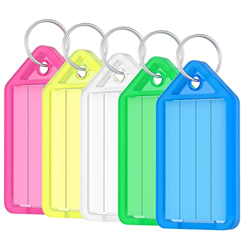 Uniclife 20 Pieces Key Tags 2 Inch Plastic Key Chain Tags with Ruled Blank Paper Labels Transparent Covers and Split Rings Sturdy Item Identifiers, 5 Colors - Image 1