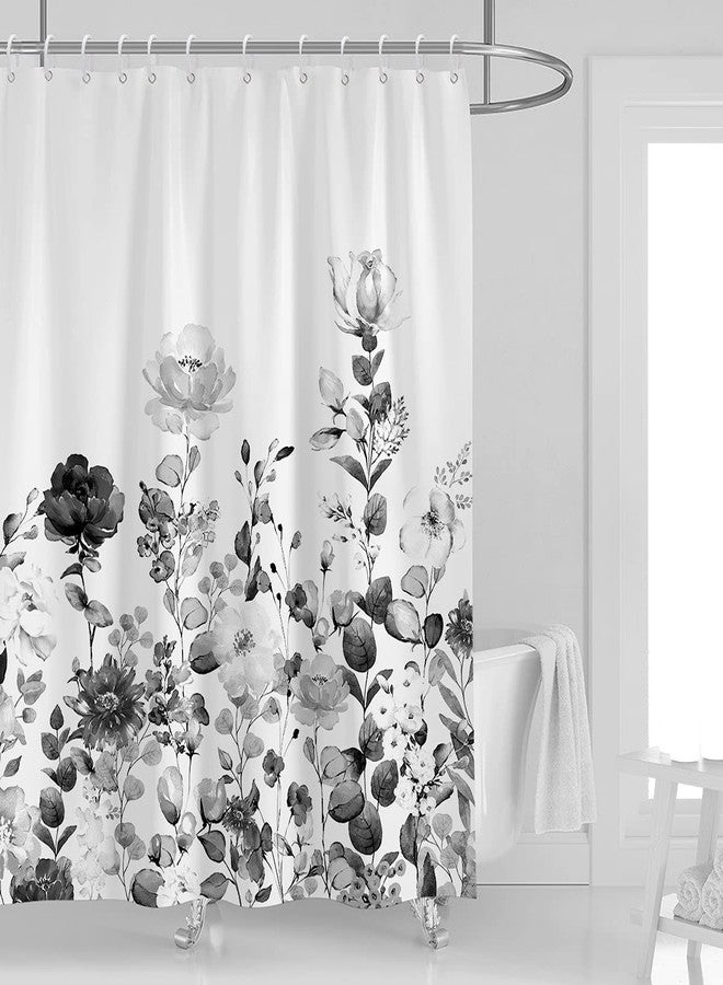 Kikiry Black and White Shower Curtain, Grey Floral Wildflower Bathroom Curtains, Boho Watercolor Botanical Plant Nature Decor, Vintage Herbs Garden Fabric Bath Set with 12 Hooks,60''W x 72''L - Image 1