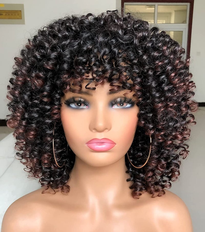 Annivia Curly Afro Wig with Bangs Short Kinky Curly Wigs for Black Women Synthetic Fiber Soft Hair Short Curly Afro Wig Black Ombre Brown