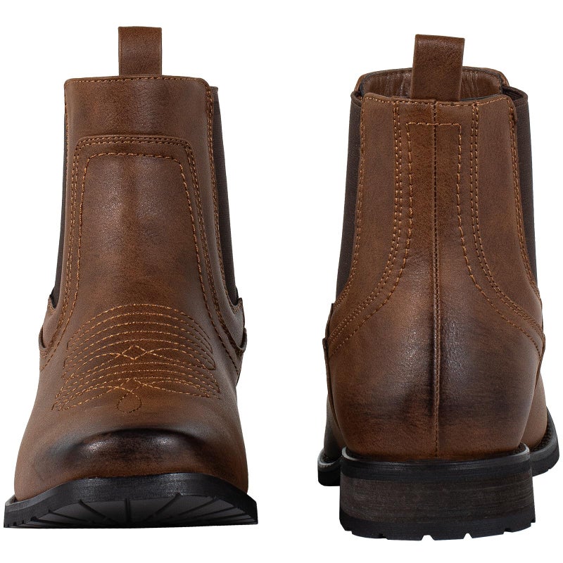 J's.o.l.e Chelsea Cowboy Boots for Men Square Toe Western Boot Classic Casual Dress Work Ankle Slip On Boots Brown US 9 - Image 4
