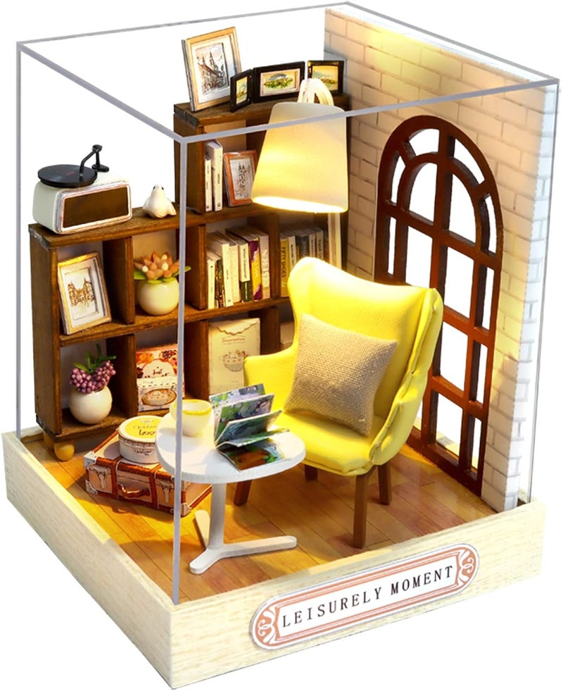 CUTEROOM DIY Wooden DollHouse Kit,Dollhouse Miniature with Furniture and Dust Cover Handmade Crafts Miniature Dolls House kit for Teens Adult Gift (Leisurely Moment) - Image 1