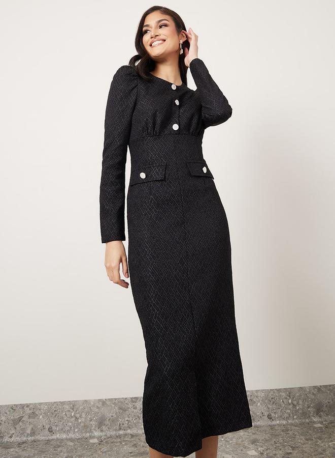 Styli Structured Shoulder Jacquard Sheath Midi Dress  - Image 2