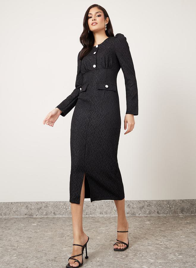 Styli Structured Shoulder Jacquard Sheath Midi Dress  - Image 1