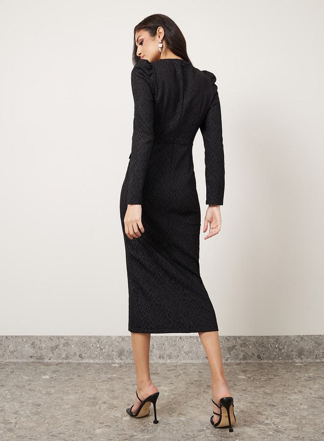 Styli Structured Shoulder Jacquard Sheath Midi Dress  - Image 4