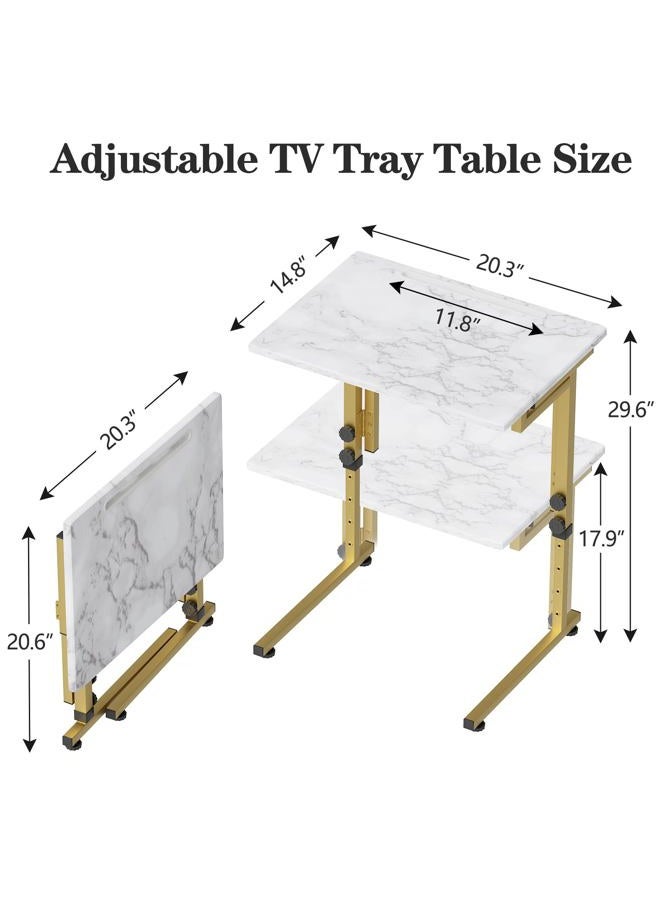 Katrawu Folding tv Tray Dinner Snack Table,6 Height Adjustable Slide Under Couch Side Table, Portable Small Foldable C-Shaped End Table for Eating with Sturdy MDF Top,No Assembly(White Marble+Gold) - Image 3