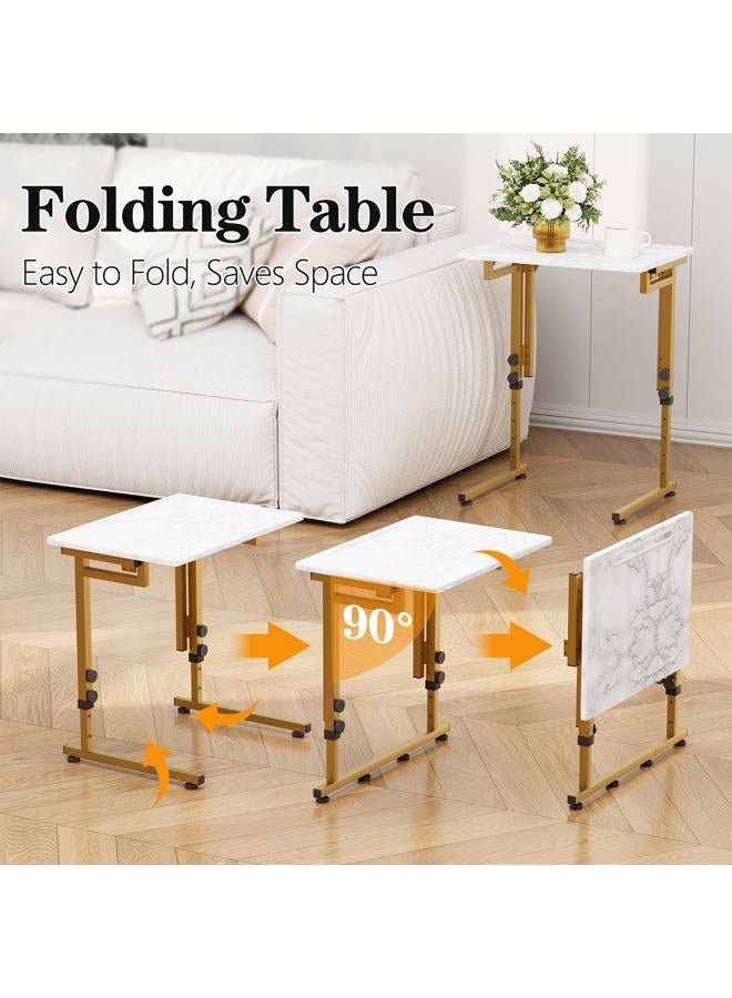 Katrawu Folding tv Tray Dinner Snack Table,6 Height Adjustable Slide Under Couch Side Table, Portable Small Foldable C-Shaped End Table for Eating with Sturdy MDF Top,No Assembly(White Marble+Gold) - Image 4
