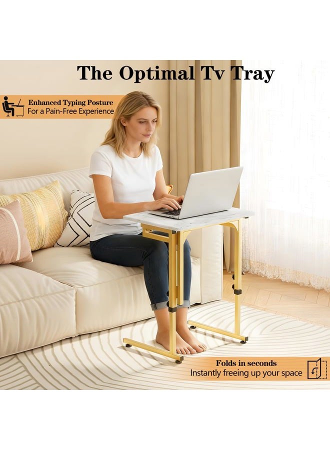 Katrawu Folding tv Tray Dinner Snack Table,6 Height Adjustable Slide Under Couch Side Table, Portable Small Foldable C-Shaped End Table for Eating with Sturdy MDF Top,No Assembly(White Marble+Gold) - Image 2