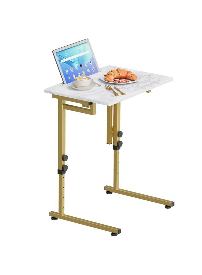 Katrawu Folding tv Tray Dinner Snack Table,6 Height Adjustable Slide Under Couch Side Table, Portable Small Foldable C-Shaped End Table for Eating with Sturdy MDF Top,No Assembly(White Marble+Gold) - Image 1