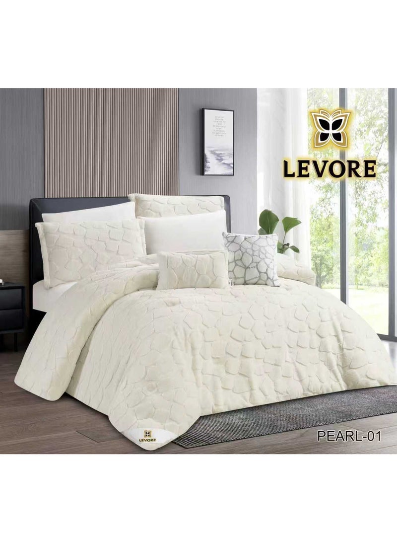 LEVORE Pearl Winter Double Bedspread Set, 8 Pieces, Luxurious Faux Fur