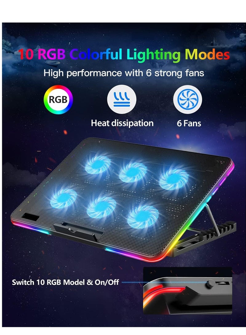وسادة تبريد لابتوب مع 6 مراوح هادئة لحامل ثابت لمروحة الالعاب مقاس 15.6-17 انش، 7 ارتفاعات قابلة للتعديل، اضاءة RGB 10 اوضاع، سرعة مروحة تحكم بالتبديل، 2 منفذ USB وحامل جوال - Image 2