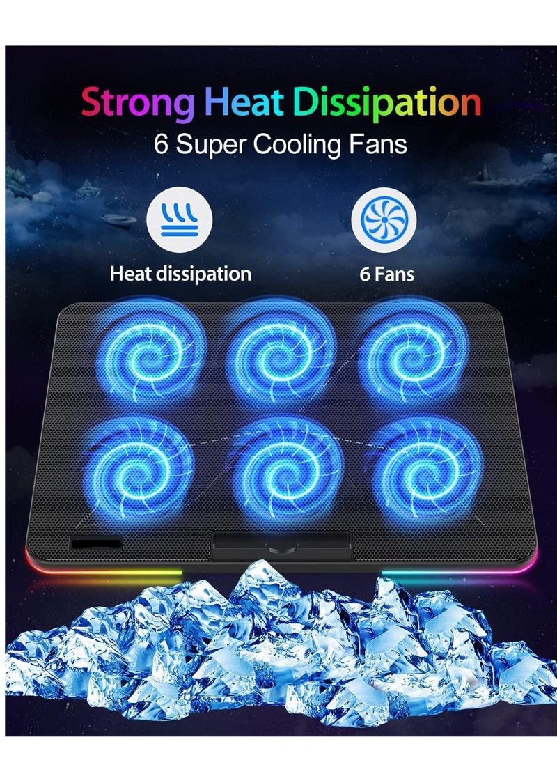 وسادة تبريد لابتوب مع 6 مراوح هادئة لحامل ثابت لمروحة الالعاب مقاس 15.6-17 انش، 7 ارتفاعات قابلة للتعديل، اضاءة RGB 10 اوضاع، سرعة مروحة تحكم بالتبديل، 2 منفذ USB وحامل جوال - Image 4