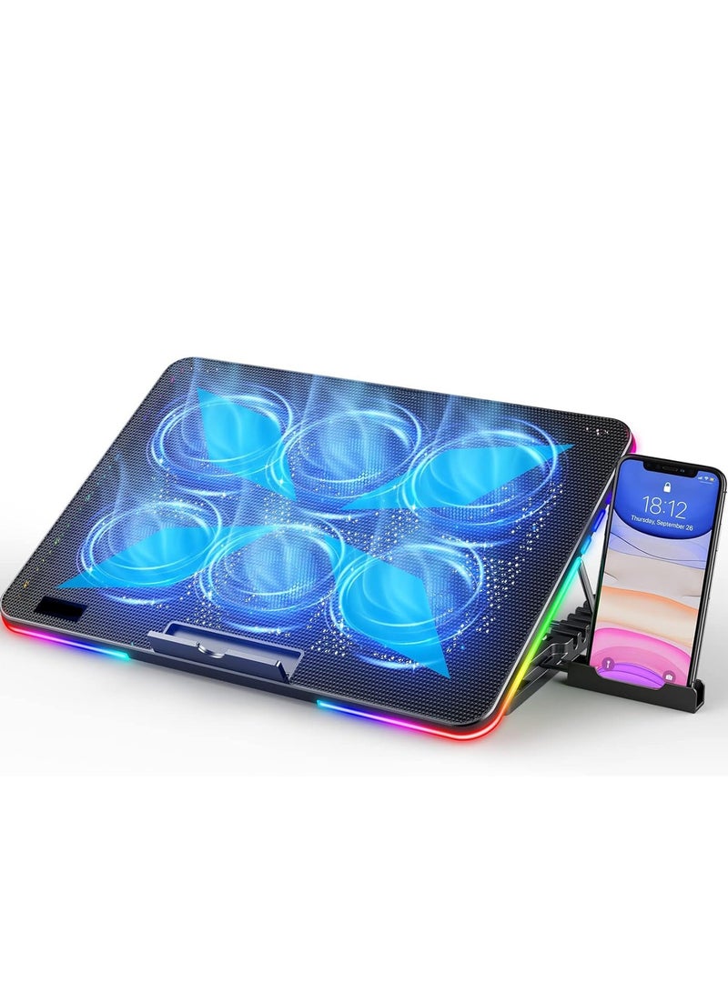 وسادة تبريد لابتوب مع 6 مراوح هادئة لحامل ثابت لمروحة الالعاب مقاس 15.6-17 انش، 7 ارتفاعات قابلة للتعديل، اضاءة RGB 10 اوضاع، سرعة مروحة تحكم بالتبديل، 2 منفذ USB وحامل جوال - Image 1