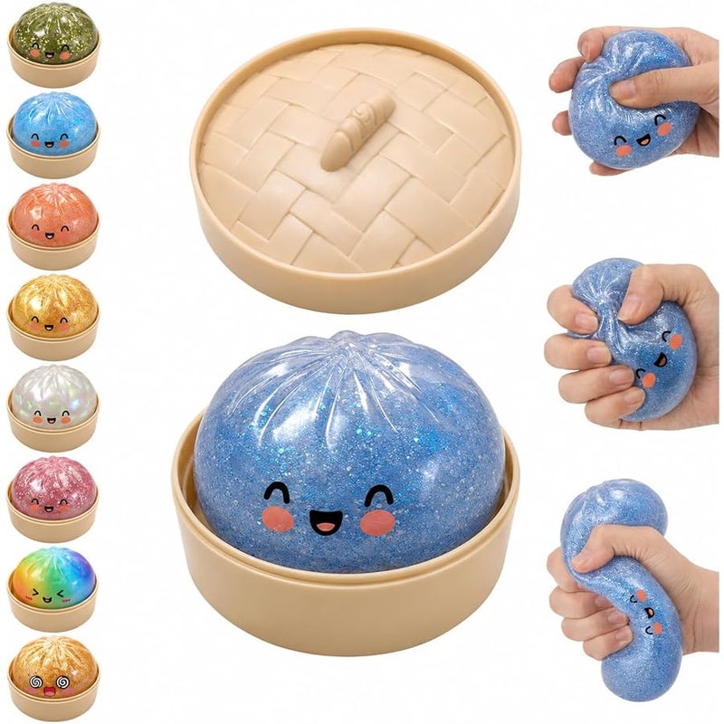 hepanio Glitter Dumpling Squishy,Dumpling Squishies,Glitter Dumpling Mystery Box,Colorful Dumpling Stress Balls Fidget,Jumbo Squishy Toy with Steamer Box Suitable for Adult use in Offices (Blue) - Image 1