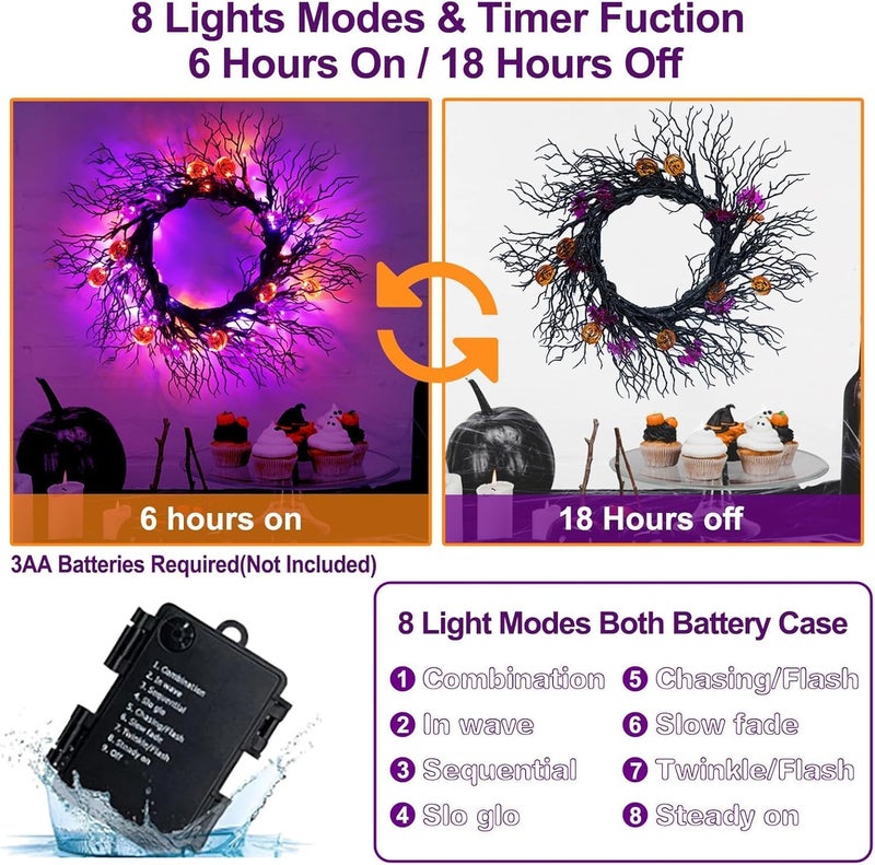 SURCVIO [ 8 Modes & Timer ] 6 Ft 45 LED Halloween Willow Vine Twig Garland Decorations, 8 Bat & Pumpkin Lights, Halloween Garland with Waterproof Battery Operated for Home Wall Fireplace Mantle Decorations - Image 2