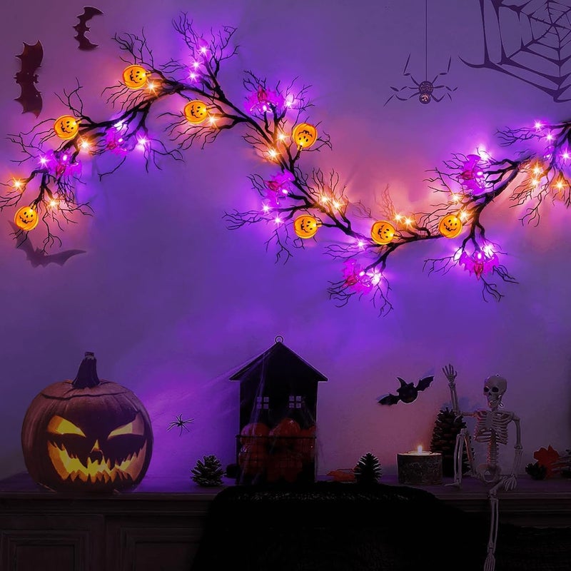 SURCVIO [ 8 Modes & Timer ] 6 Ft 45 LED Halloween Willow Vine Twig Garland Decorations, 8 Bat & Pumpkin Lights, Halloween Garland with Waterproof Battery Operated for Home Wall Fireplace Mantle Decorations - Image 4
