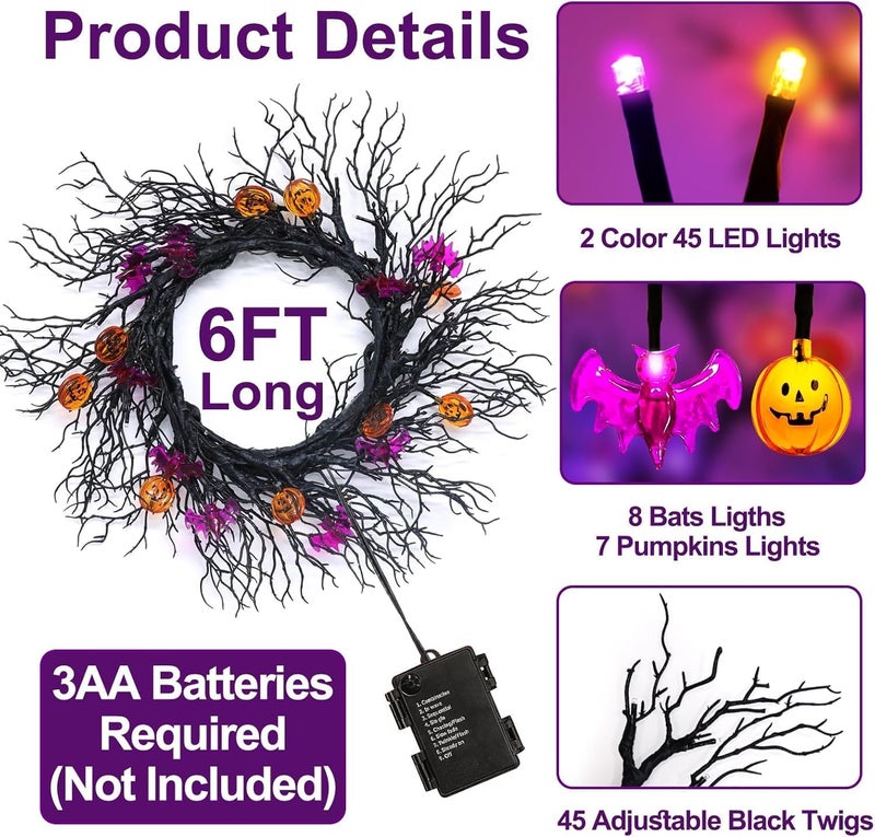 SURCVIO [ 8 Modes & Timer ] 6 Ft 45 LED Halloween Willow Vine Twig Garland Decorations, 8 Bat & Pumpkin Lights, Halloween Garland with Waterproof Battery Operated for Home Wall Fireplace Mantle Decorations - Image 3