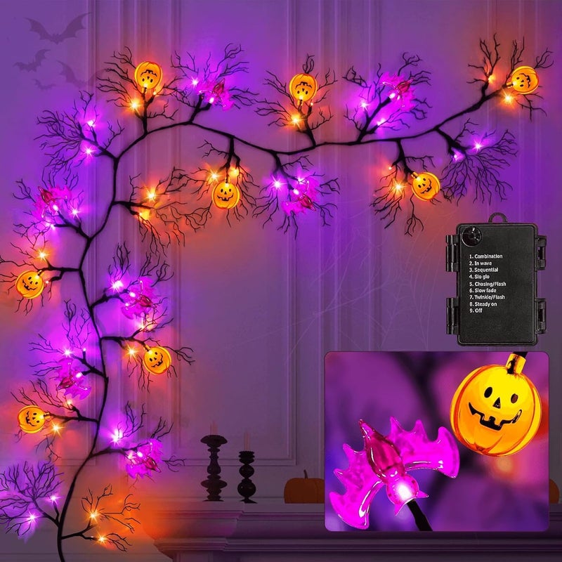 SURCVIO [ 8 Modes & Timer ] 6 Ft 45 LED Halloween Willow Vine Twig Garland Decorations, 8 Bat & Pumpkin Lights, Halloween Garland with Waterproof Battery Operated for Home Wall Fireplace Mantle Decorations - Image 1