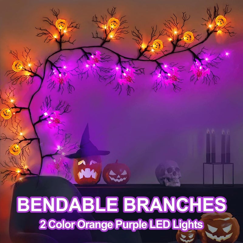 SURCVIO [ 8 Modes & Timer ] 6 Ft 45 LED Halloween Willow Vine Twig Garland Decorations, 8 Bat & Pumpkin Lights, Halloween Garland with Waterproof Battery Operated for Home Wall Fireplace Mantle Decorations - Image 5