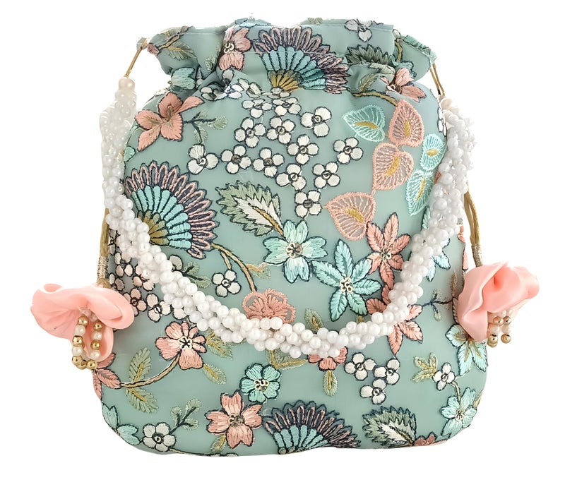 DUCHESS Women's Embroidered Polti Bag with Pearl Handle and Tassel - Bridal Ethnic Traditional Casual Purse/Clutch/Handbag, (21 L X 2 W X 23 H C, Turquoise) - Image 1