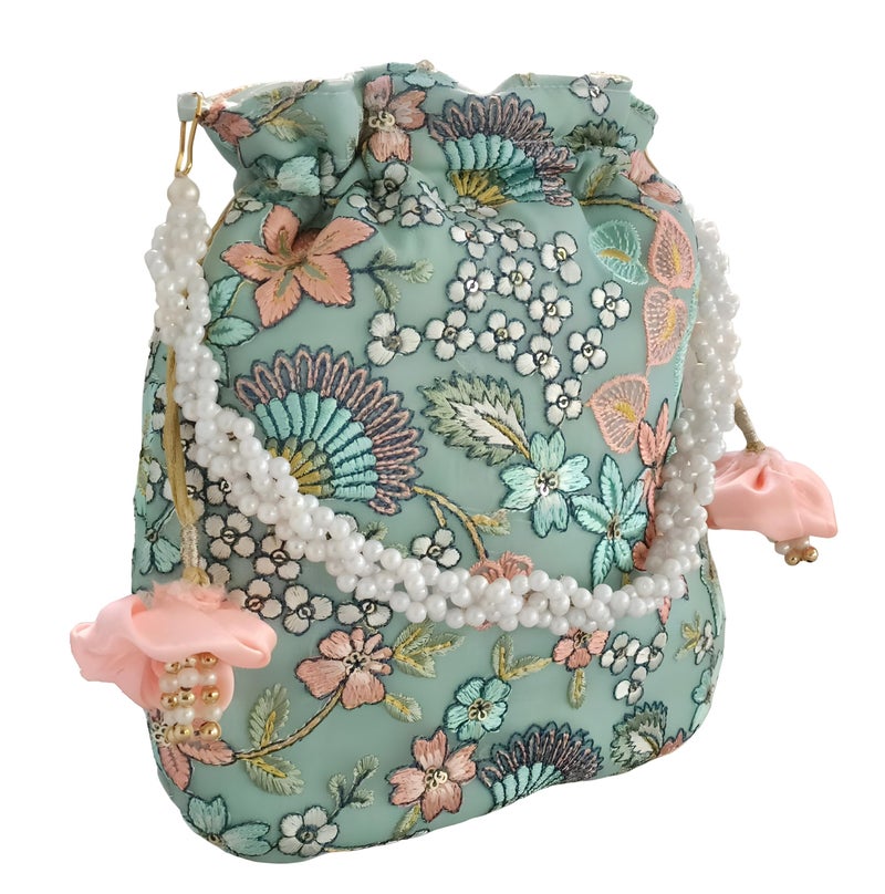 DUCHESS Women's Embroidered Polti Bag with Pearl Handle and Tassel - Bridal Ethnic Traditional Casual Purse/Clutch/Handbag, (21 L X 2 W X 23 H C, Turquoise) - Image 2
