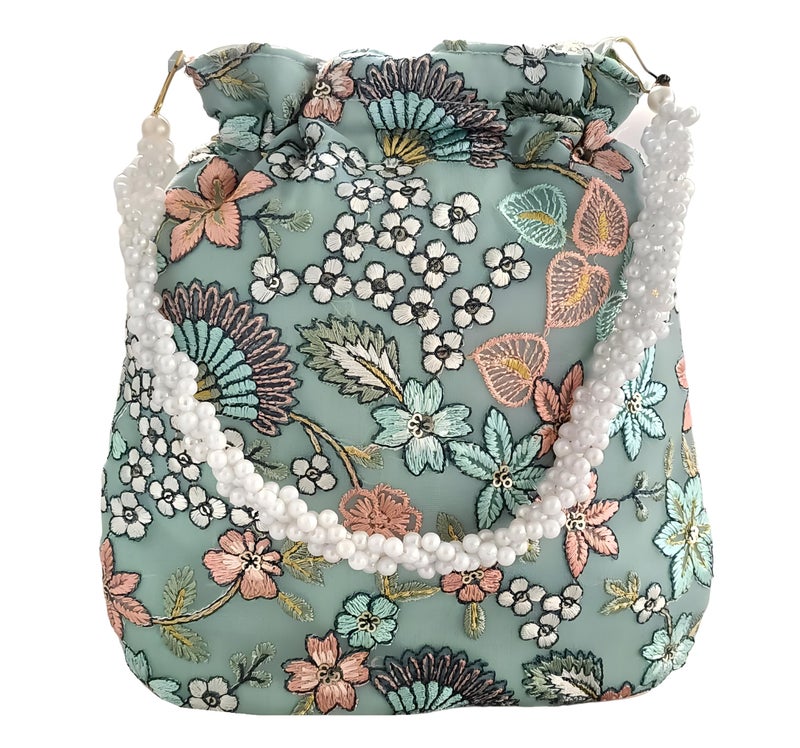 DUCHESS Women's Embroidered Polti Bag with Pearl Handle and Tassel - Bridal Ethnic Traditional Casual Purse/Clutch/Handbag, (21 L X 2 W X 23 H C, Turquoise) - Image 3