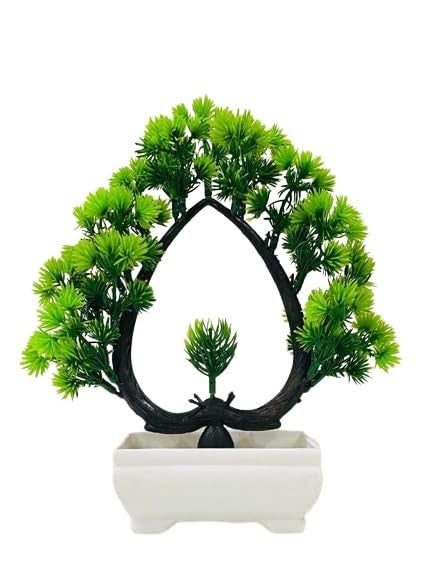 ATEVON Decorative Artificial Bonsai Plant with White Pot – Realistic Faux Green Mini Tree for Home, Office, Tabletop, and Indoor Decoration - Image 1