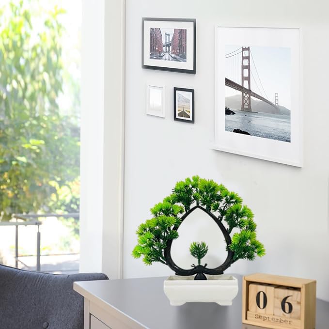 ATEVON Decorative Artificial Bonsai Plant with White Pot – Realistic Faux Green Mini Tree for Home, Office, Tabletop, and Indoor Decoration - Image 2